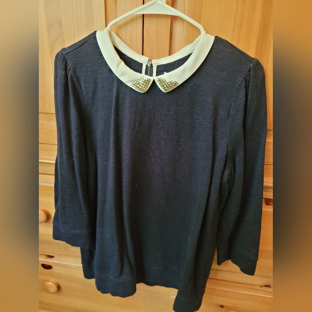 Navy Top with White Collar and Gold Accents
